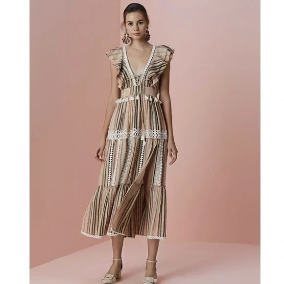 HEMANT & NANDITA Dresses & Skirts - Hemant & Nandita‎ Anthropologie Pixie Midi Dress Tiered Tassel V Neck Large